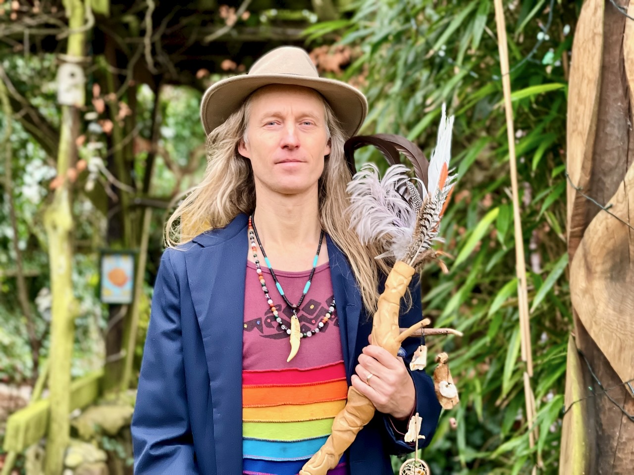Jacob Moth at The Magic Garden with ceremonial staff